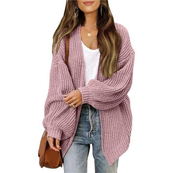 Sweaters - Womens Oversized Long Sleeve Open Front Cardigan Sweaters Dustypink